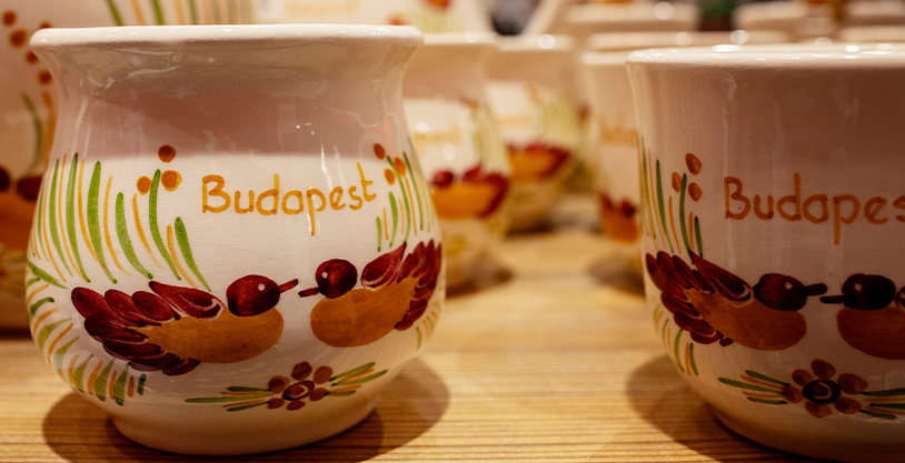 Hand-painted ceramic mugs featuring Budapest designs