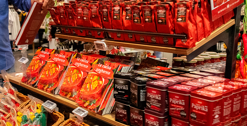 Hungarian paprika products and gourmet gifts in a Budapest souvenir shop